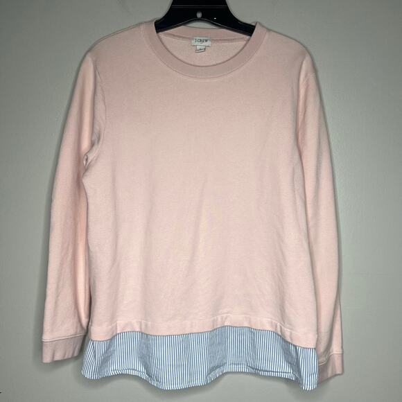 J.Crew Pink Pullover Crewneck Sweatshirt Blue White Strip Woven Hem Women's L - Picture 2 of 10